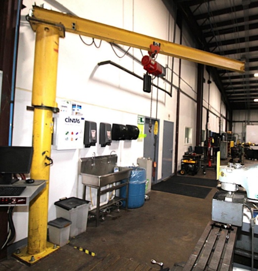 CUSTOM PEDESTAL JIB CRANE, 1/2 T. CAP., w/ 1/2 T. electric chain hoist