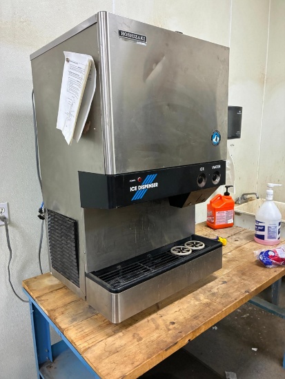 ICE & WATER DISPENSER, HOSHIZAKI AMERICA INC., w/ wood top shop bench, RO water filter, extra