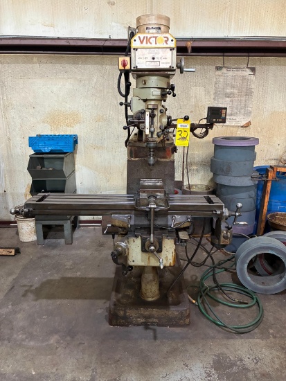 VERTICAL TURRET MILL, VICTOR MDL. JF-2VS, 9" X 49" tbl., Newall 2-axis DRO, longitudinal pwr. feed,