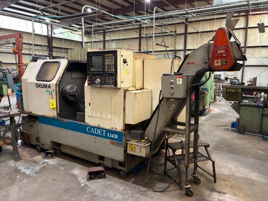 CNC LATHE, OKUMA CADET MDL. L420, 12" 3-jaw pwr. chuck, 12 pos. turret, programmable tail stock,