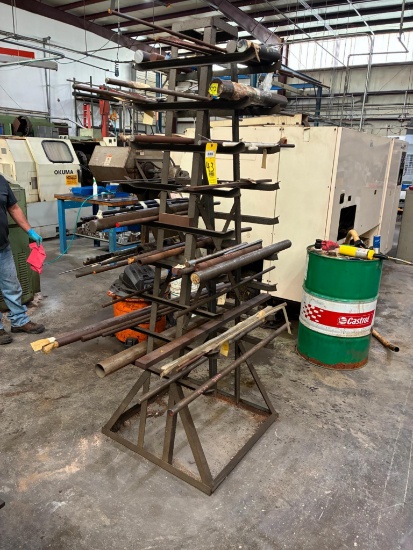 DOUBLE SIDED MATERIAL RACK, 9-tier, w/ raw material consisting of bar stock, round bar & pipe stock,