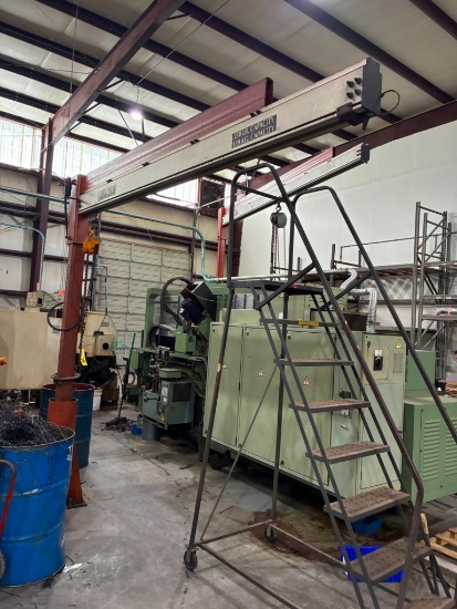 PEDESTAL JIB CRANE, KNIGHT, 350-lb. cap., w/ Harrington chain hoist, 10' reach, approx. 9' under