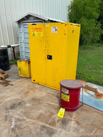LOT CONSISTING OF: (2) flammable material storage cabinets & (1) industrial waste oily rag bucket