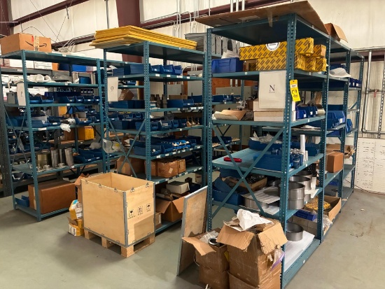 LOT OF ADJUSTABLE METAL SHELVING SECTIONS (7), blue in color, contents not included