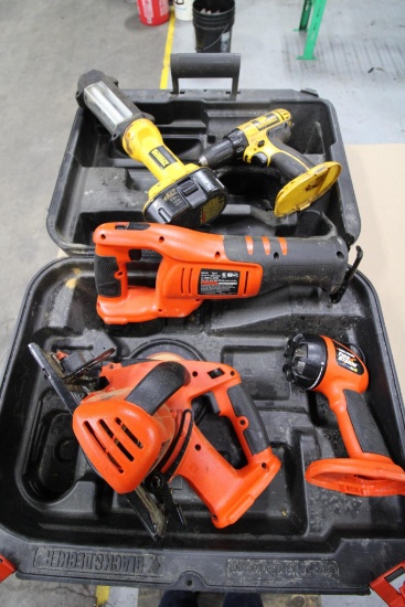 LOT CONSISTING OF: Black & Decker & Dewalt battery powered tools, hand saw, sawzall, lights, w/