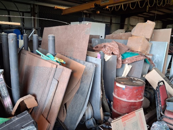LOT OF RAW MATERIAL & RACK: assorted carbon steel & stainless steel sheets, rack approx. 6 1/2' W. x