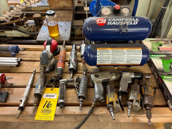LOT OF ASSORTED PNEUMATIC TOOLS: Campbell Hausfeld Mdl. FP209501, 110 psi compressor, angle