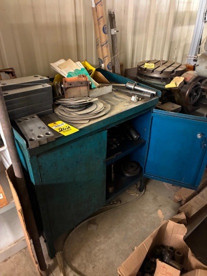 LOT OF TOOLING: broaches, mandrels, tie-down tooling, 8" 3-jaw chuck, w/ cabinet
