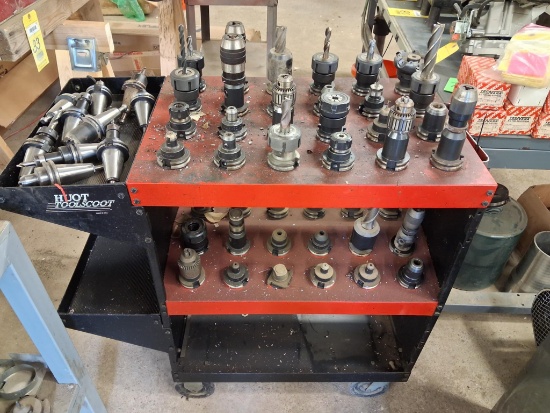 LOT OF CAT 40 TOOL HOLDERS & TOOLING. w/ Huot ToolScoot rolling cart