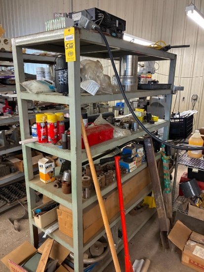 STEEL SHELF & CONTENTS: assorted couplings, bushings, metal spur gears, etc. Shelf approx. 5'W. x 6'