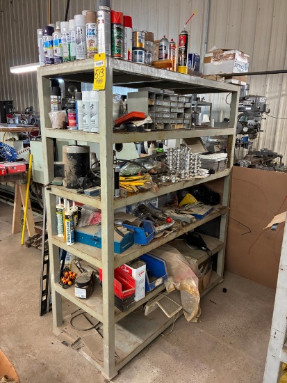 STEEL SHELF & CONTENTS: assorted lubricants, spray paint, paint brushes, casters, etc. Shelf approx.