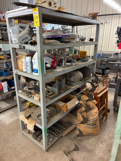 STEEL SHELF & CONTENTS: assorted brackets, belts, etc. Shelf approx. 5'W. x 6' ht. x 2" dp.