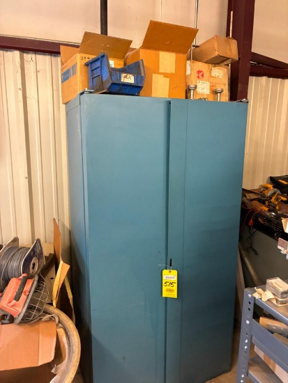 CABINET & CONTENTS: cabinet approx. 38" L x 2' dp. x 6' ht., w/ assorted shop supplies c/o brass