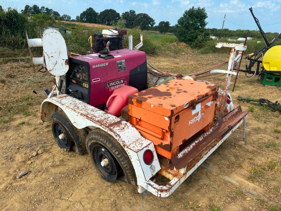TANDEM AXLE TRAILER, w/ Lincoln Electric 225 Ranger welder, Ridgid job box, gas powered air