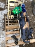 Pallet w. Hose, Reel, Golf Clubs and Weed Eater