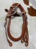 Unused Brown Leather Headstall and Reins with Leather Tooling