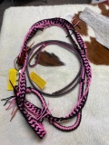 Qty (2) Unused Pink Nylon Reins w. Leather Under Over Whip