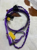 Qty (2) Unused Purple Nylon Fringed Reins w. Leather Under Over Whip