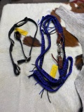 Qty (2 pieces) Unused Black Nylon Headstall w. Blue Nylon Reins