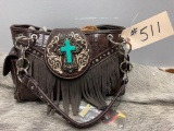 Unused Montana West Brown Fringed Turquoise Cross Purse