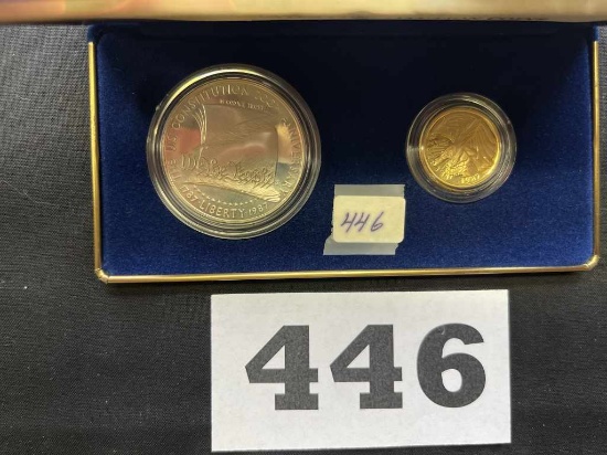 1987 S Proof Silver Dollar, 1987 W Five Dollar Gold Proof Cont. Bicentennia