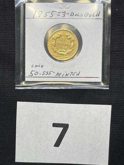 1855 Three Dollar Gold Piece, VF 20