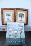2 framed pictures and glass candle holders