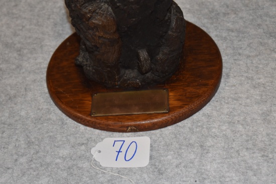 Battle log with shell fragment, two iron balls, fuze plug embedded, mounted on oval wood base