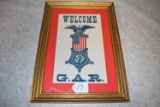 Framed G.A.R. (Grand Army of the Republic) welcome banner.