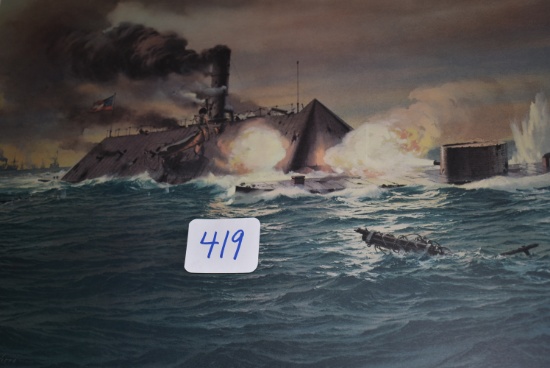 Modern print of painting of the battle between the U.S.S. Monitor and the C.S.S. Virginia