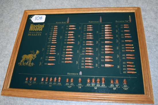 Nosler – Trophy Grade Bullets – 16 ½” Tall by 22” Wide Oak Framed Bullet Board