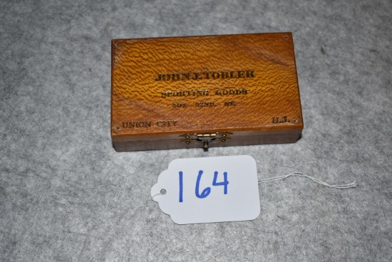 John J. Tobler Sporting Goods of Union City, N.J. 4 ¾” x 2 ¾” x 1 3/8” 22 Cal. Wooden Shell Box