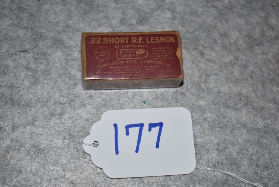 Remington/UMC – 22 Short R.F. Cal. “LESMOK” 50ct. Bos of Ammo – w/Remington Repeating Rifle on Side
