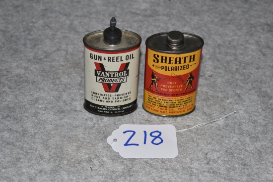 Grouping of Two Oil Cans – 1st is Vantrol Products Gun & Reel Oil Can – White/Black & Red Color – Ap