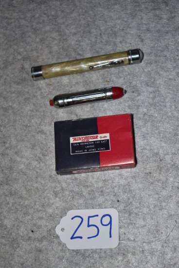 Grouping of 3 Winchester Items – 1st is 5 ½” Mother of Pearl cased Pocket Light – 2nd is Winchester-