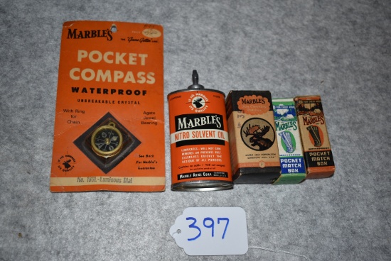 Grouping of 5 Marbles Items – 1st is 3 Fl. Oz. Nitro Solvent Oil Can – Orang/Black & White Color – P
