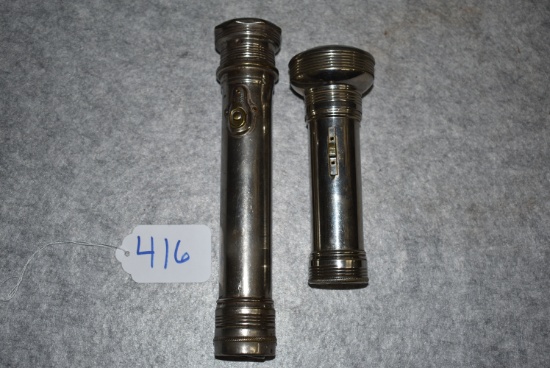 Pair of Winchester Nickel Plated Flashlights – 1st is 2-Cell & 7” Long w/Convex Lens – 2nd is 3-Cell