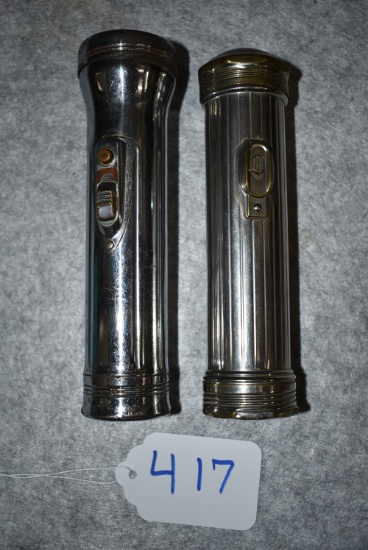 Pair of Winchester Nickel Plated 2-Cell Flashlights – 1st is 7” Long w/Convex Lens – 2nd is 6 ¾” Lon
