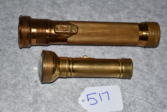 Pair of Winchester Flashlights – 1st is 9” Solid Bronze 3-Cell – 2nd is 6” Brass Cased “C” Cell w/Mi