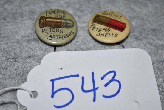 Pair of Peters Pin Backs – Both are 7/8” in Diameter – 1st is “Shoot Peters Shells” – 2nd is “Expert