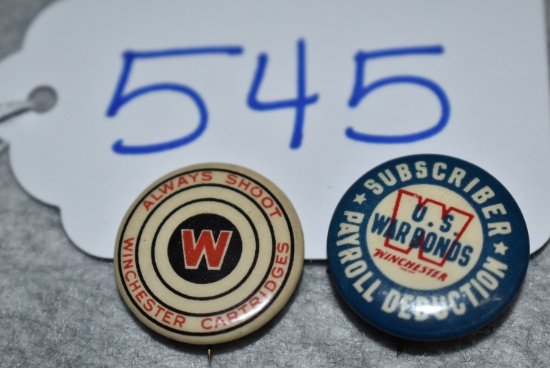 Pair of Winchester Pin Backs – Both are 7/8” in Diameter – 1st is Red “W” Bullseye w/“Always Shoot W