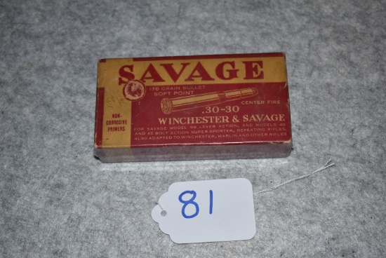 Savage – 30-30 Win. Cal. 20 Rounds Rare Box w/Small Savage Indian Logo – Full & Correct – Red & Yell