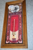 Winchester – 10” Wide x 21” Tall Oak Framed Wall Thermometer – w/Winchester Rider on Top & “World Wi