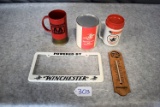 Grouping of Winchester Advertising Items Including:  Plastic License Plate Cover – Wooden Thermomete