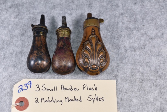 3 Small Powder Flasks – 2 Matching Marked Sykes
