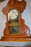 Very Ornate Oak Cased Mantle Clock w/Key & Eagle Pendulum