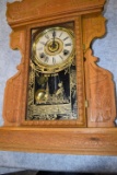 Very Ornate Oak Cased Mantle Clock w/Key & Pendulum
