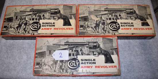 3 Colt Single Action Army 2nd Generation Revolver 2pc. Stage Coach Boxes