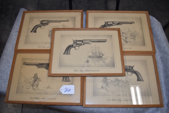 5 Various Colt Model Revolver Framed Prints – Showing Model 1847 Walker, 1848, 1851, 1873 & 1860