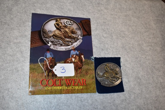 Colt Belt Buckle – “Quality Makes It A Colt” – Shows Horse Mounted Cowboy – w/Factory Felt Bag & Col